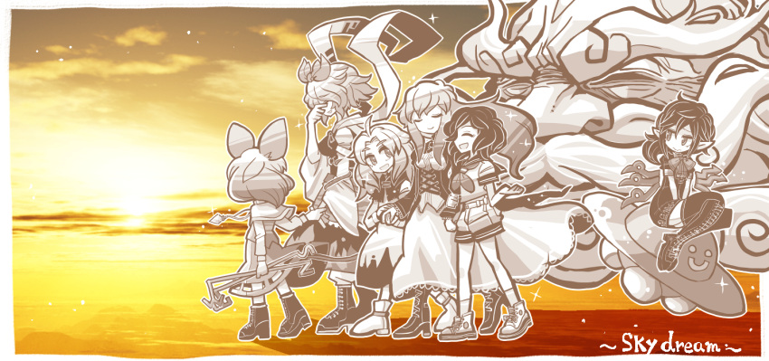 1boy, 1girl, 6+girls, animal_ears, asymmetrical_wings, beach, beard, black_hair