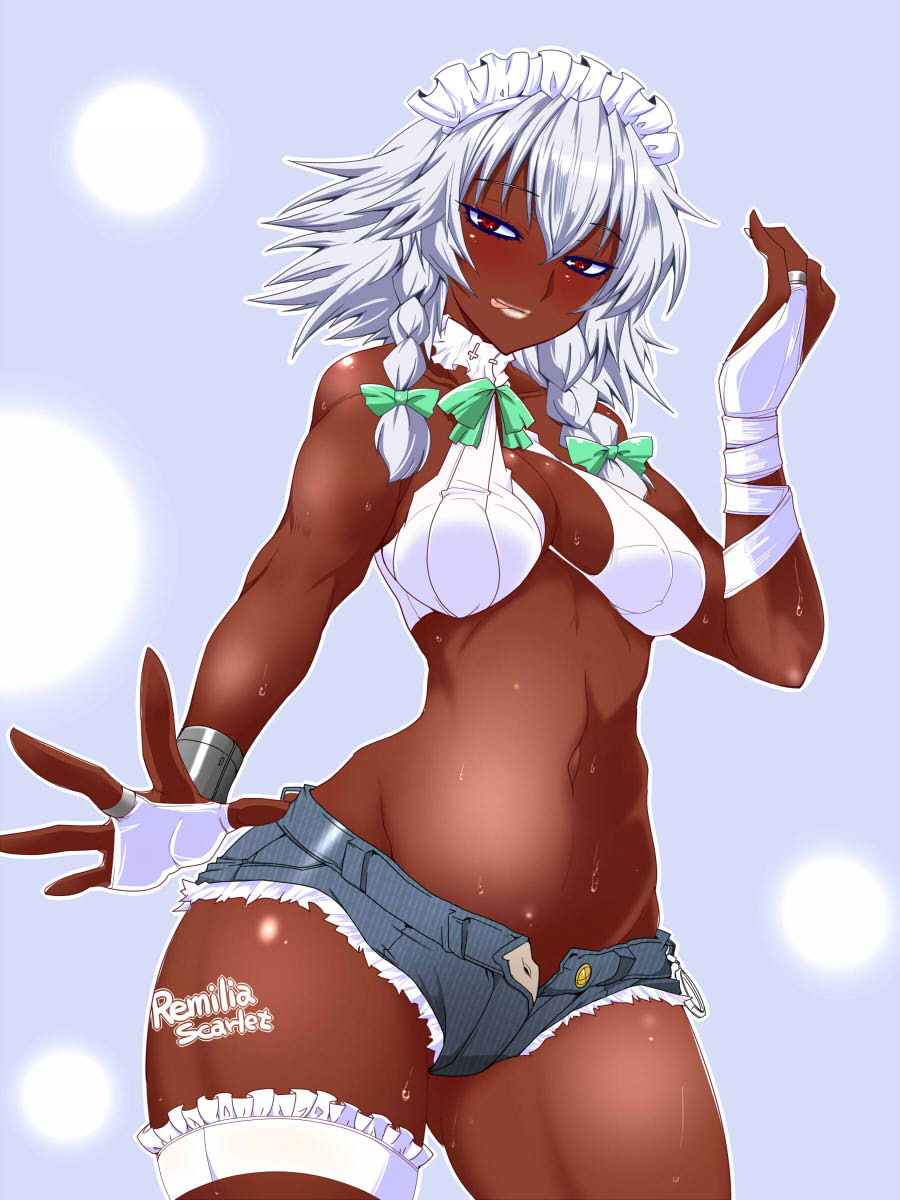 1girl, alternate_costume, bandages, bikini_top, blush, breasts, bridal_gauntlets, cleavage