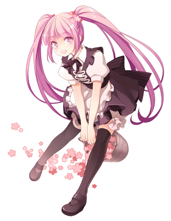 1girl, apron, basket, black_legwear, black_skirt, flower, frills, hair_flower, hair_ornament, long_hair, ninjin_(charat7), puffy_sleeves, purple_hair, shoes, skirt, smile, solo, sophie_(tales), tales_of_(series), tales_of_graces, thigh-highs, twintails, violet_eyes, white_background