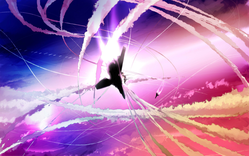aerial_battle, airplane, battle, choujikuu_yousai_macross, cloud, condensation_trail, contrail, dogfight