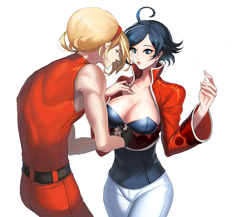 1boy, 1girl, ahoge, ash_crimson, black_hair, blonde_hair, breasts, cleavage