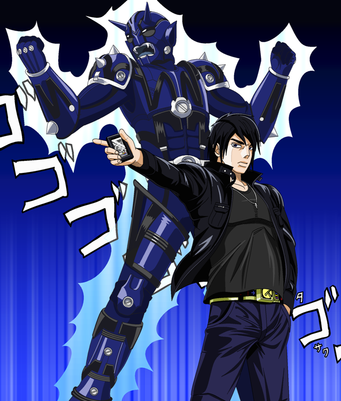 1boy, belt, black_hair, hand_in_pocket, jacket, jewelry, jojo_no_kimyou_na_bouken, kamen_rider