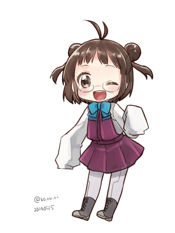 1girl, ahoge, bespectacled, brown_eyes, brown_hair, cosplay, double_bun, glasses