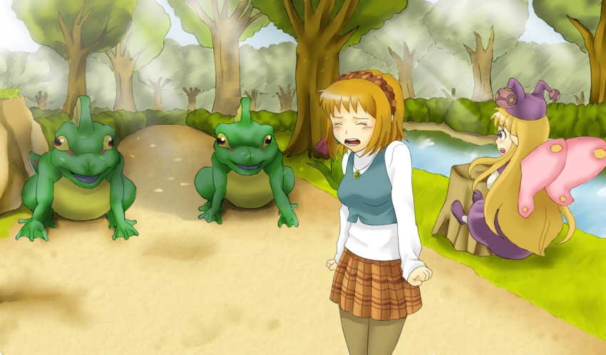 2girls, blonde_hair, cornet, earrings, godslayer777_(artist), green_eyes, jewelry, kururu_(rhapsody), marl_kingdom, multiple_girls, nippon_ichi, pantyhose, redhead, rhapsody, short_hair, toads