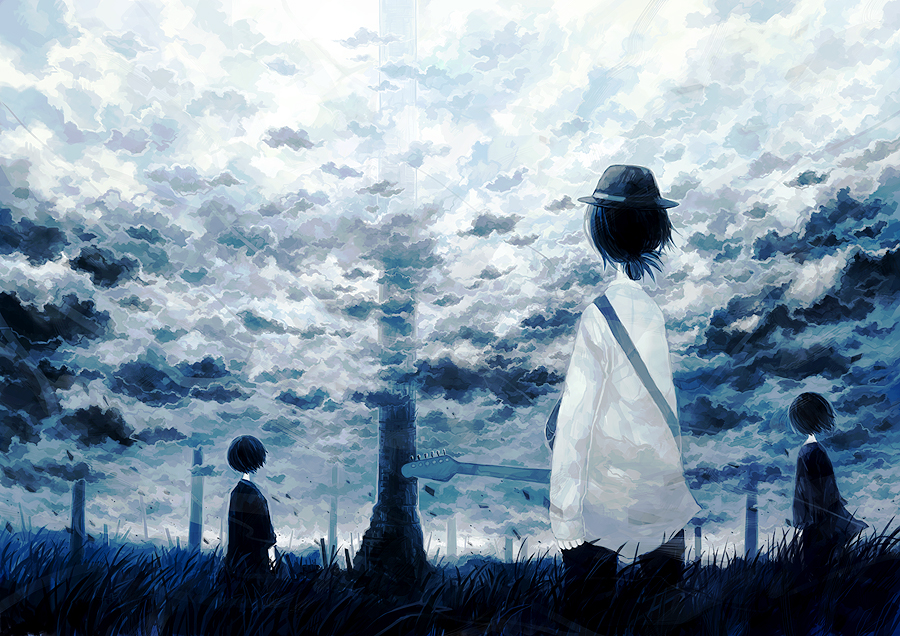3boys, clouds, cloudy_sky, grass, guitar, hat, hosiiro, instrument