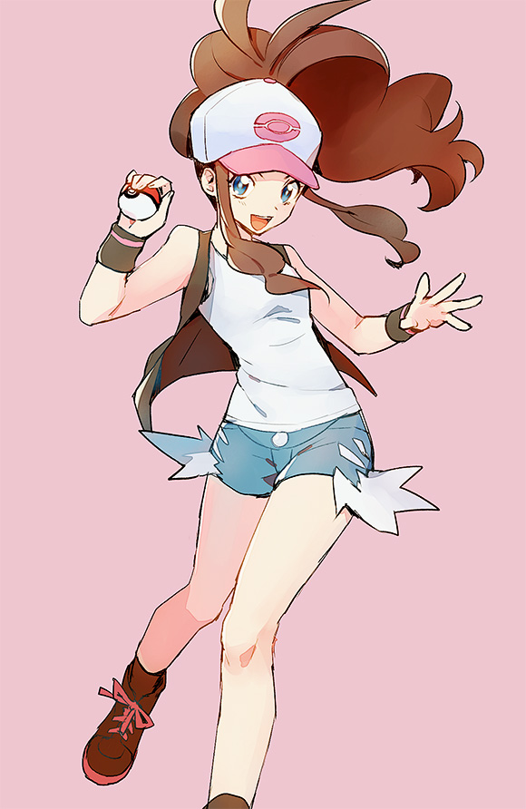 1girl, bare_legs, baseball_cap, blue_eyes, boots, brown_hair, denim, denim_shorts