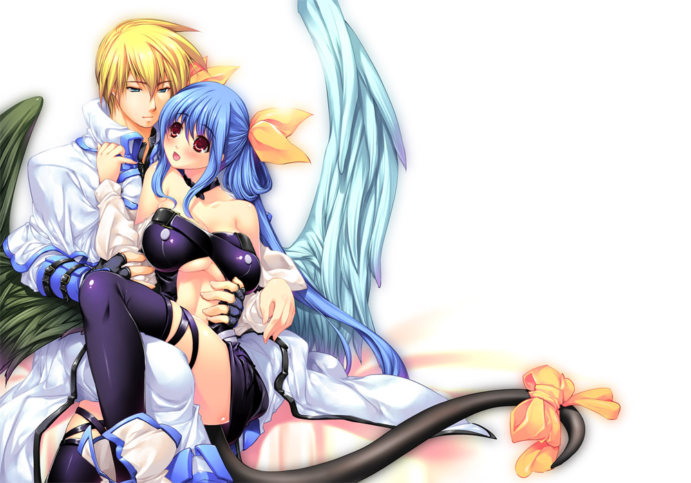 1boy, 1girl, asymmetrical_wings, blonde_hair, blue_eyes, blue_hair, bow, breasts