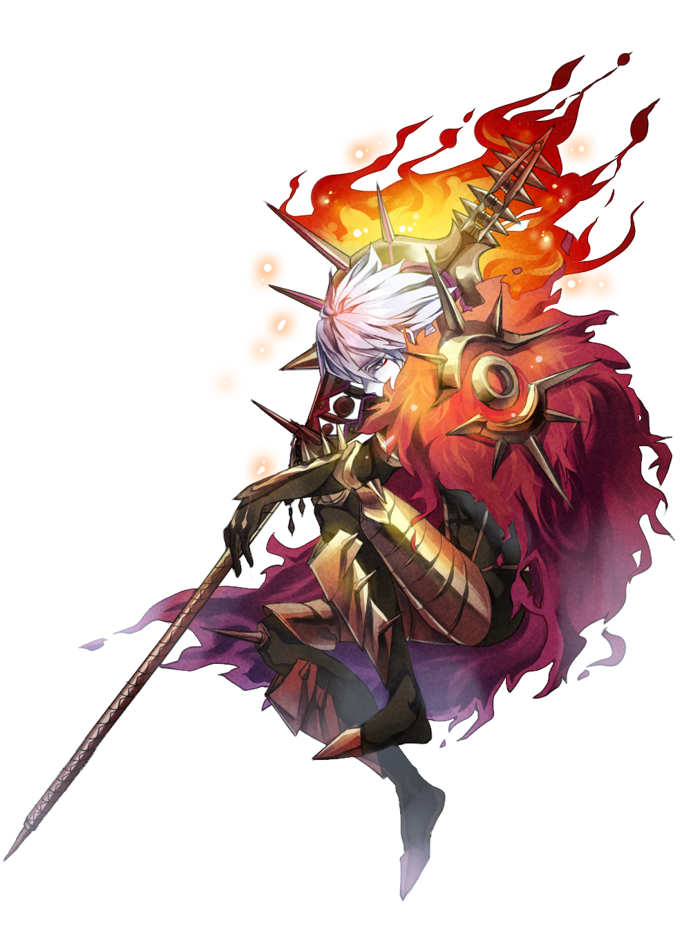 1boy, armor, cape, fire, fur_trim, heru_(goldprin), highres, lancer_of_red, solo, white_hair