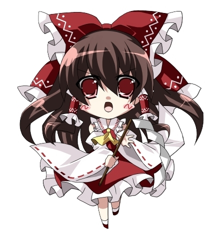 1girl, :o, black_hair, gohei, hair_ribbon, hakurei_reimu, japanese_clothes, lowres