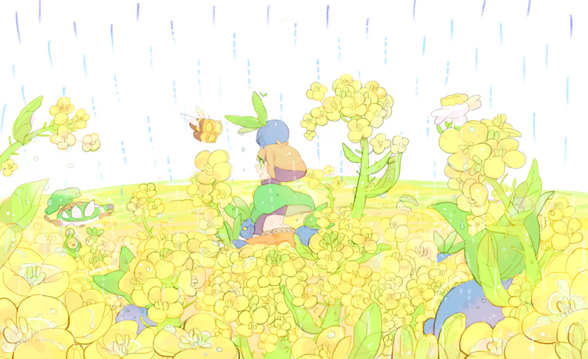 1girl, belt, brown_hair, budew, cape, chikorita, combee, field
