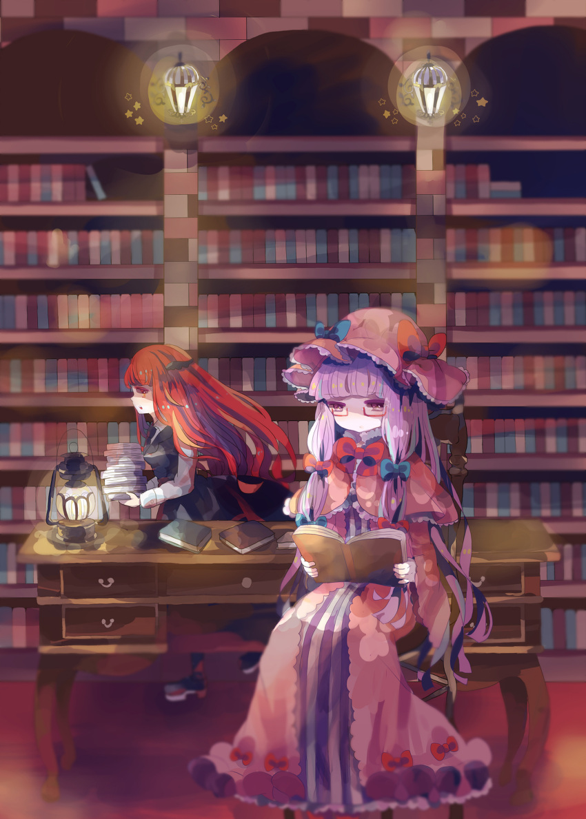2girls, arch, book, book_stack, bookshelf, bow, capelet, chair, desk, dress, expressionless, glasses, hair_bow, hat, hat_ribbon, head_wings, highres, hiyualice, indoors, koakuma, lantern, library, lights, long_hair, long_sleeves, multiple_girls, open_book, pale_skin, patchouli_knowledge, payot, profile, purple_hair, reading, red-framed_glasses, redhead, ribbon, robe, semi-rimless_glasses, sitting, skirt, skirt_set, striped, striped_dress, touhou, under-rim_glasses, violet_eyes, voile
