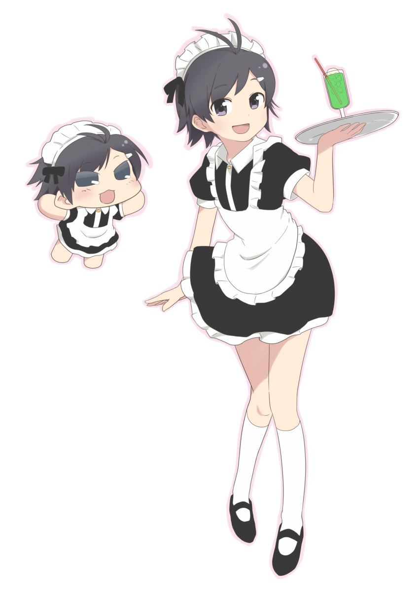 2girls, apron, black_eyes, black_hair, chibi, highres, hisano1202, idolmaster