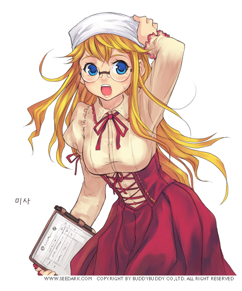 blue_eyes, bonnet, breasts, character_request, dress, glasses, master_of_fantasy, open_mouth