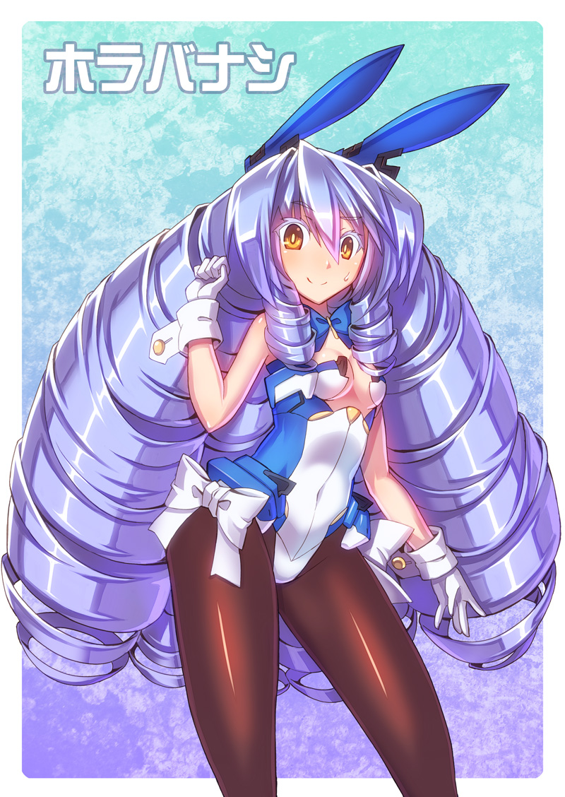 1girl, adapted_costume, animal_ears, blue_hair, bowtie, bunnysuit, drill_hair, gloves
