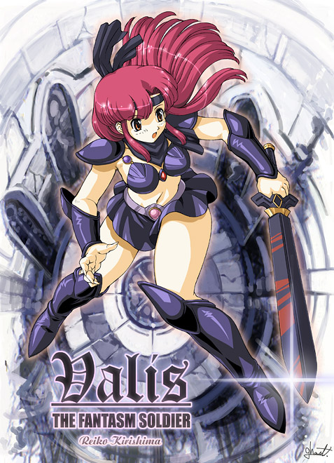 1girl, armor, bikini_armor, boots, knee_boots, mugen_senshi_valis, reiko_kirishima, sword