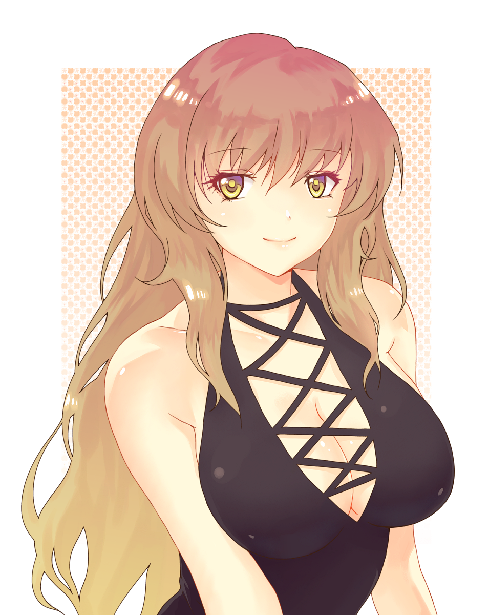 1girl, bare_shoulders, black_dress, blonde_hair, breasts, bust, cleavage, collarbone