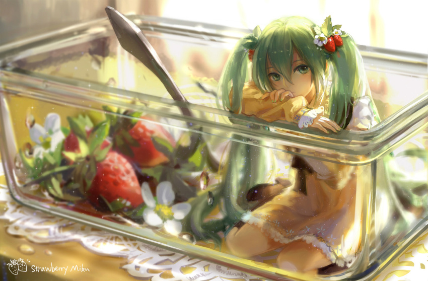 1girl, blurry, depth_of_field, dress, flower, food, fruit, green_eyes