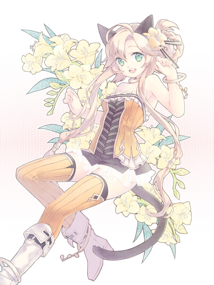 1girl, bare_shoulders, black_skirt, blonde_hair, bracelet, breasts, cat_tail, choker, cleavage, flower, green_eyes, hair_flower, hair_ornament, jewelry, looking_at_viewer, open_mouth, orange_legwear, original, shito_(ash_shito), short_hair_with_long_locks, skirt, solo, tail, thigh-highs, zettai_ryouiki
