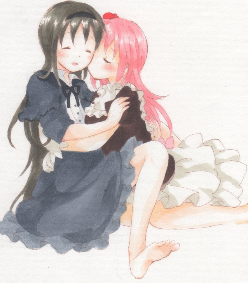 2girls, akemi_homura, barefoot, black_hair, blush, cheek_kiss, closed_eyes, dress
