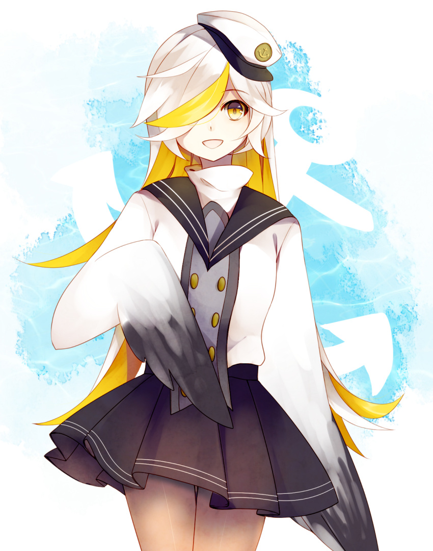 1girl, anchor, blonde_hair, hair_over_one_eye, hat, highres, ice-creamcake, long_hair, memoca, monster_girl, multicolored_hair, oounabara_to_wadanohara, open_mouth, pantyhose, sailor, sailor_collar, sailor_hat, smile, solo, turtleneck, white_hair, yellow_eyes