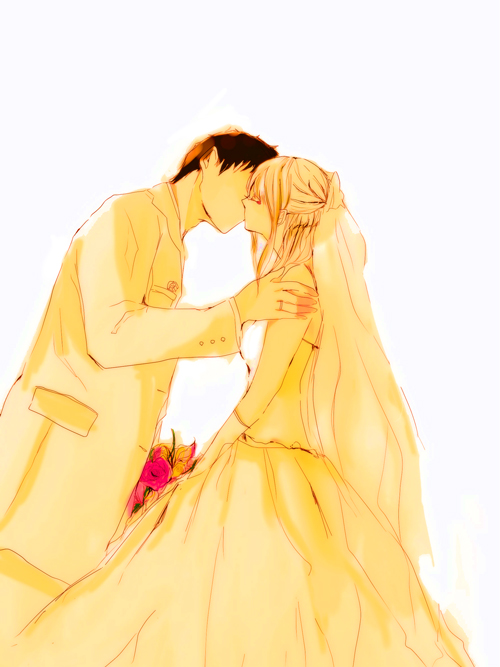 1boy, 1girl, ao_no_exorcist, bare_shoulders, black_hair, bouquet, bridal_veil, chikota_(kuskus22)