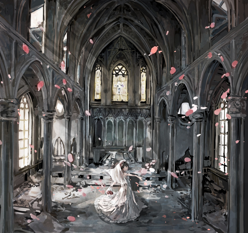 1girl, bare_shoulders, black_eyes, black_hair, blurry, blush, bouquet, church