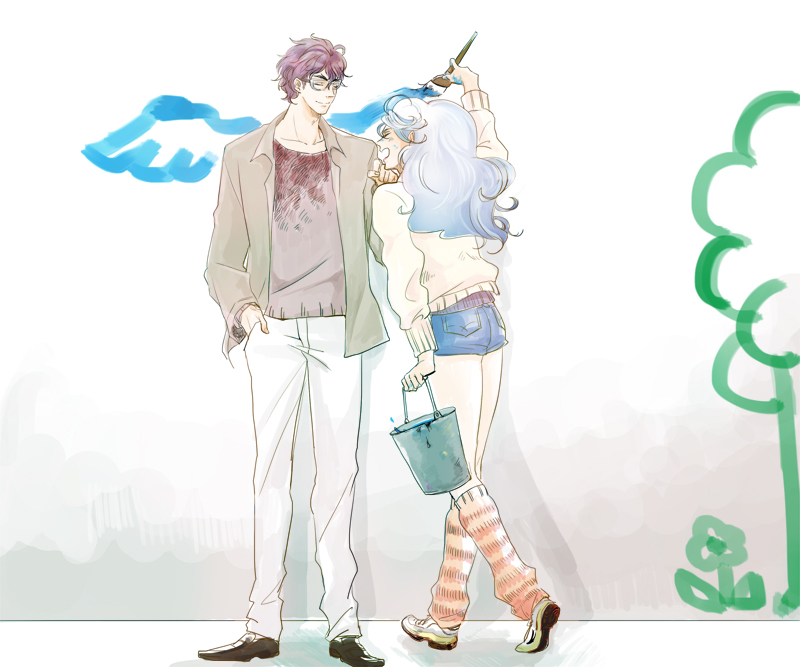 1boy, 1girl, blue_hair, closed_eyes, glasses, hashi_kawa, long_hair, multicolored_hair
