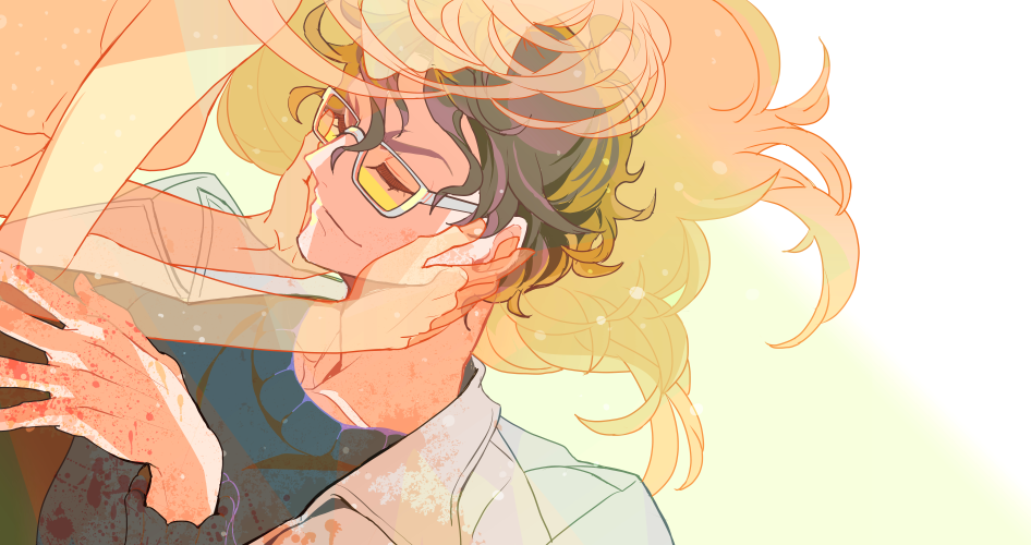 1boy, 1girl, brown_hair, forehead_kiss, glasses, heri_(azame), kiss, long_hair