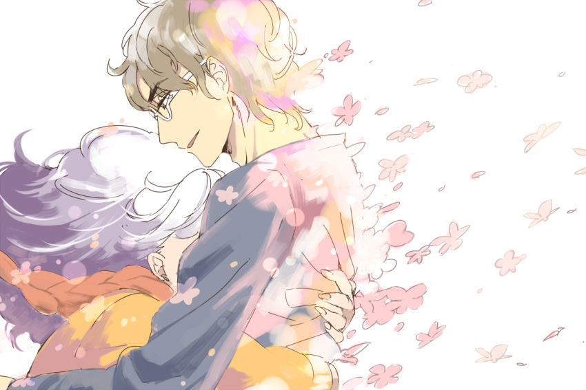 1boy, 1girl, brown_hair, dissolving, glasses, hug, long_hair, multicolored_hair