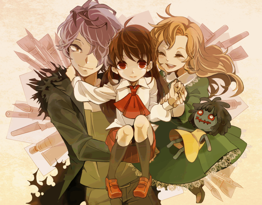 1boy, 2girls, blonde_hair, brown_eyes, brown_hair, carrying, closed_eyes, coat