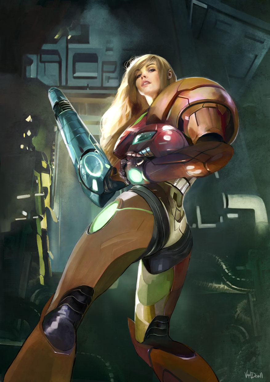 1girl, arm_cannon, blonde_hair, daniel_oduber, female, headwear_removed, helmet, helmet_removed, highres, long_hair, metroid, power_armor, realistic, samus_aran, solo, varia_suit, weapon