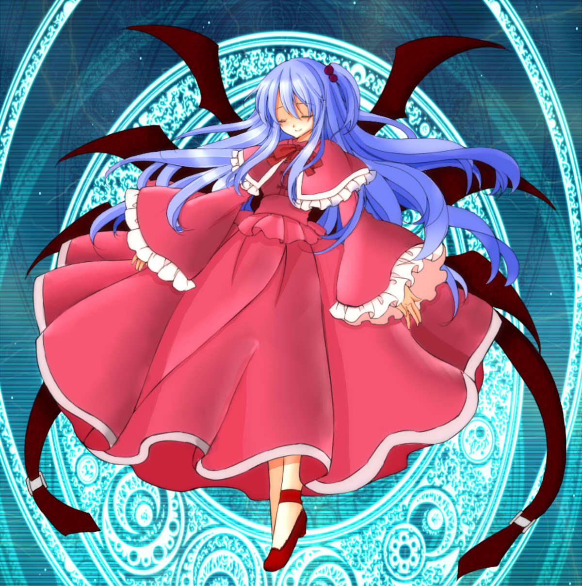 1girl, blue_hair, closed_eyes, dress, hair_beads, highres, magic_circle, neko_suki_musume