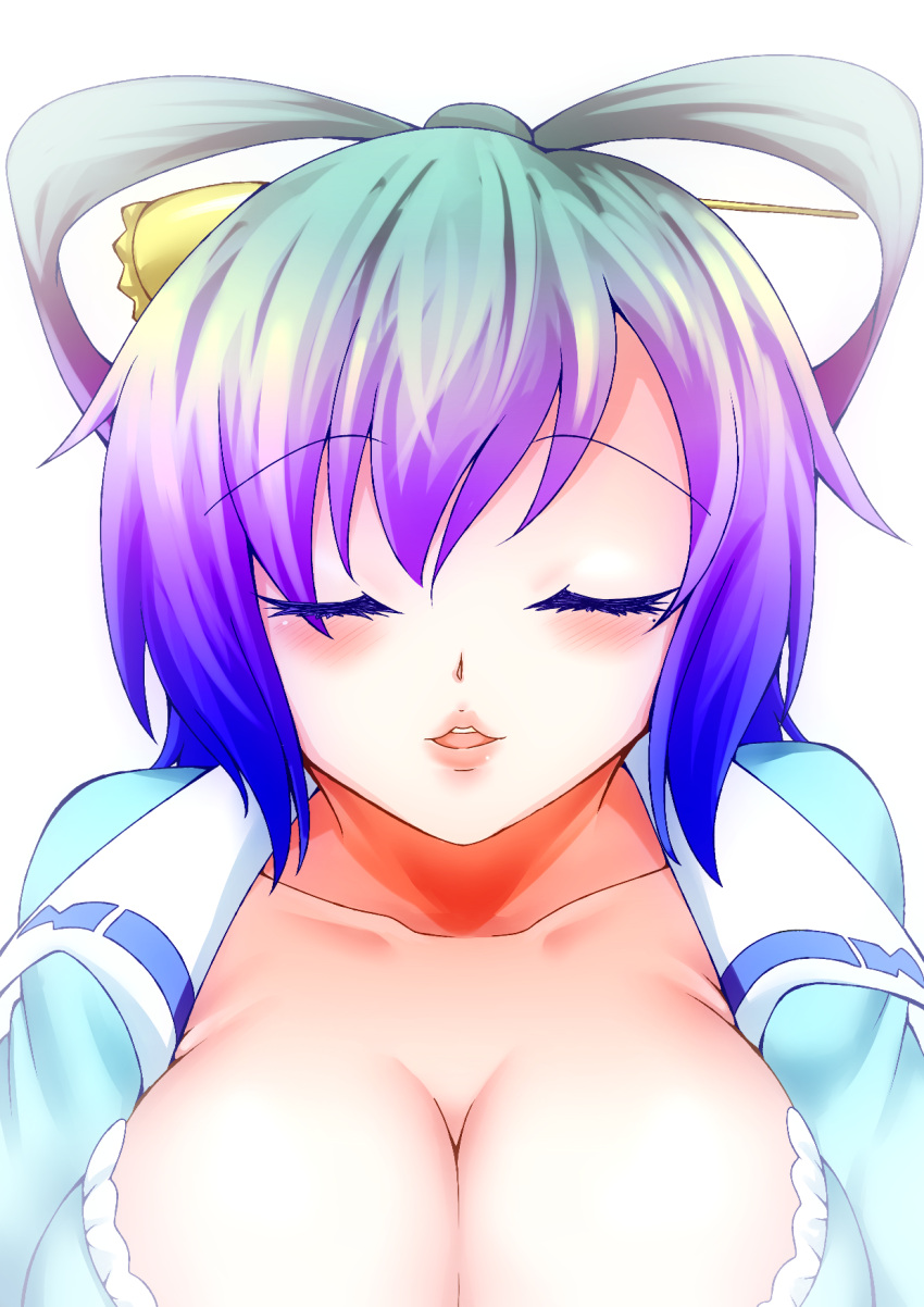 1girl, akahito_(kemoyuru), blue_dress, blue_hair, breasts, bust, cleavage, closed_eyes