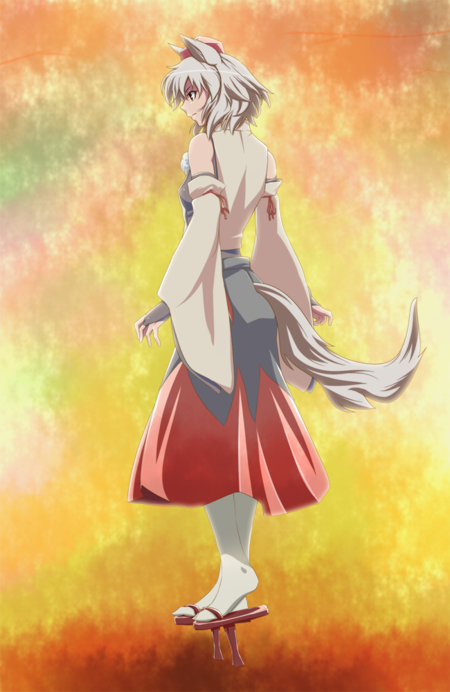 animal_ears, bare_shoulders, bridal_gauntlets, detached_sleeves, from_side, geta, hat, inubashiri_momiji