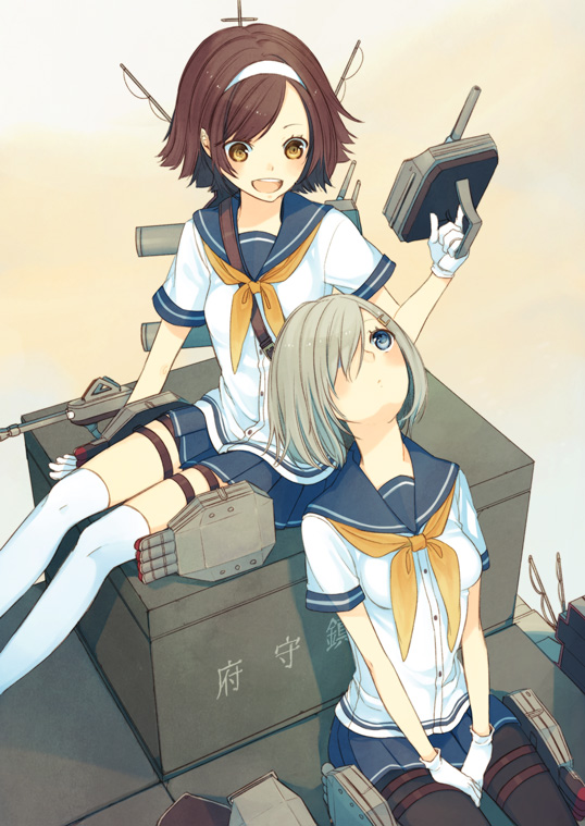 black_legwear, blue_eyes, blush, breasts, brown_eyes, brown_hair, gloves, hair_ornament, hair_over_one_eye, hairband, hairclip, hamakaze_(kantai_collection), hoshimachi, kantai_collection, multiple_girls, open_mouth, pantyhose, personification, pleated_skirt, school_uniform, serafuku, short_hair, silver_hair, skirt, smile, tanikaze_(kantai_collection), thigh-highs, white_gloves, white_legwear