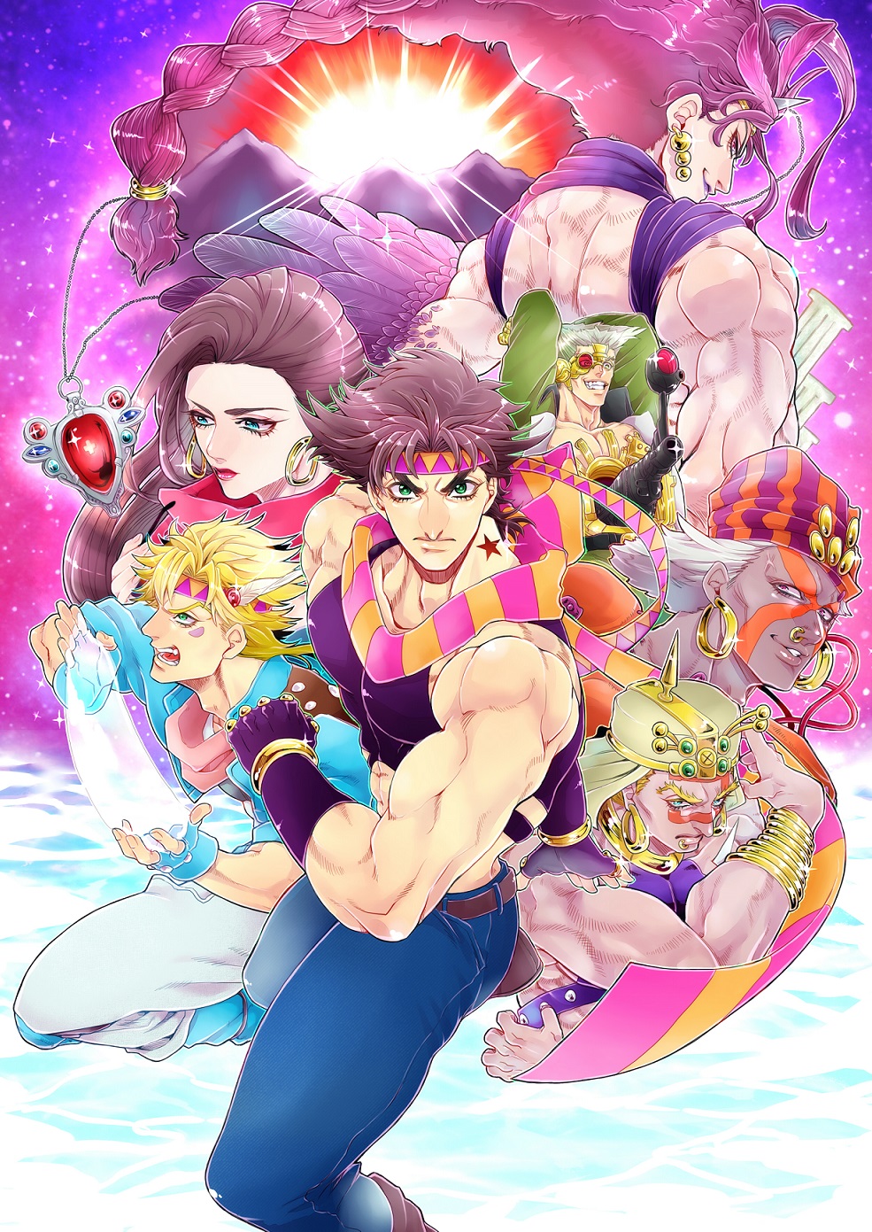 1girl, 6+boys, braid, caesar_anthonio_zeppeli, cars_(jojo), esidisi, feathers, headband