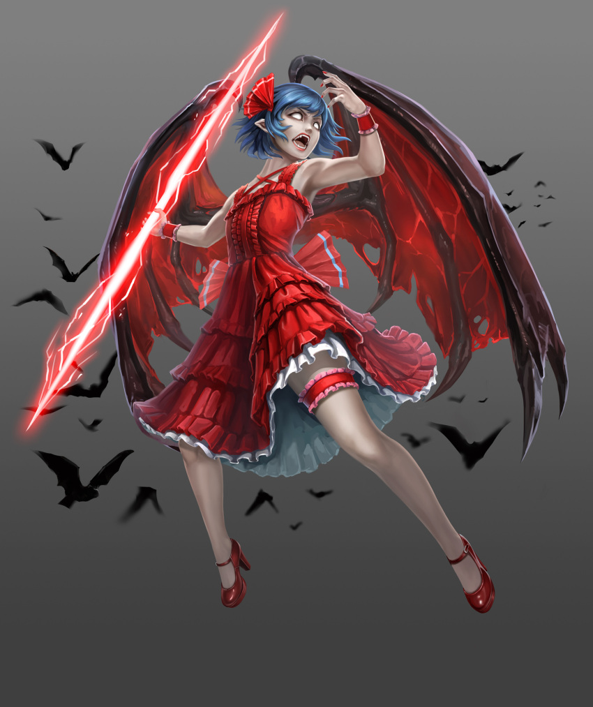1girl, bat, bat_wings, blue_hair, dress, ears, frilled_dress, frilled_skirt