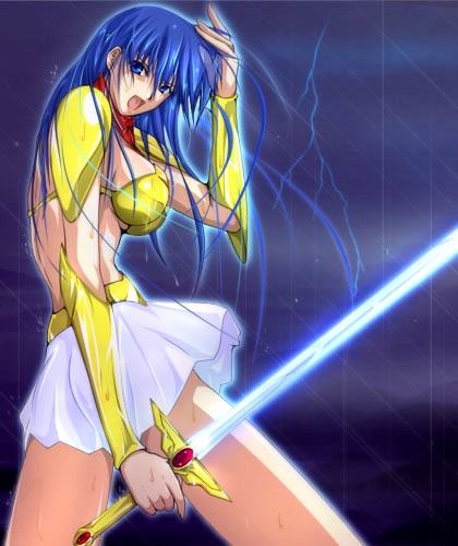 1girl, armor, asou_yuuko, bikini_armor, blue_hair, lowres, mugen_senshi_valis, rain