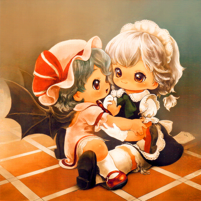 2girls, bat_wings, blue_hair, brown_eyes, gloves, holding_hands, izayoi_sakuya, maid_headdress