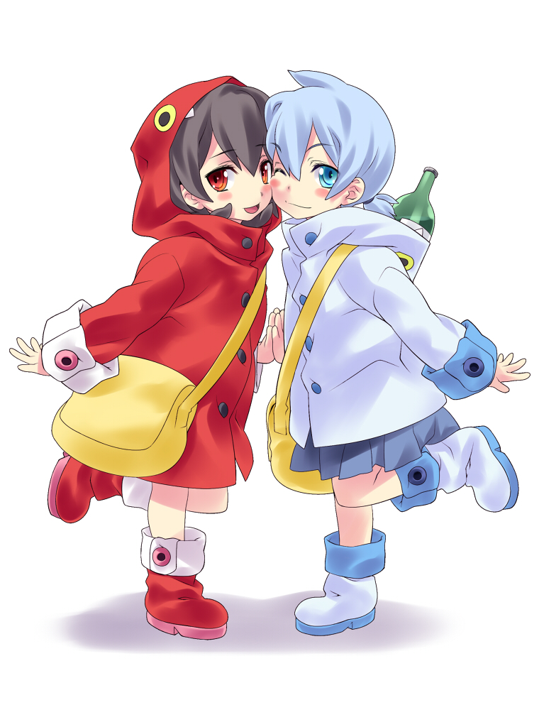 2girls, :d, bag, boots, bottle, cheek-to-cheek, coat, hood