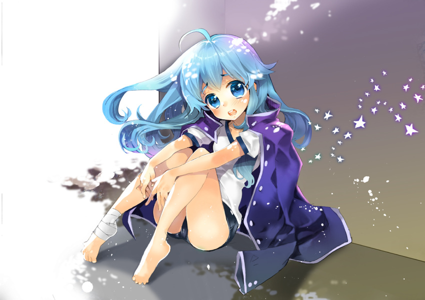 1girl, bandages, barefoot, blue_eyes, blue_hair, blush, buruma, edoya_pochi, happinesscharge_precure!, jacket, jacket_on_shoulders, long_hair, precure, shirayuki_hime, sitting, solo, t-shirt