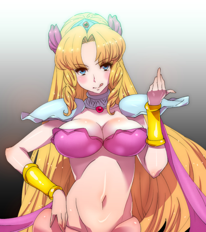 1girl, :q, blonde_hair, blue_eyes, blush, breasts, choker, cleavage