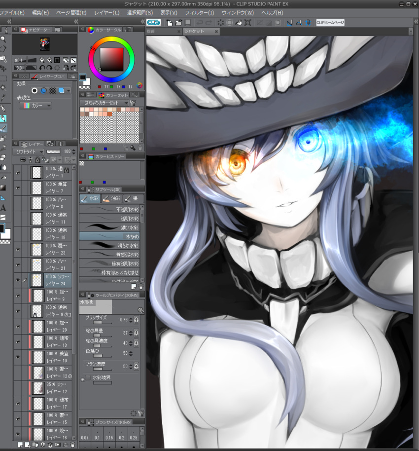 1girl, adobe_photoshop, bodysuit, breasts, cape, hachachi, heterochromia, highres
