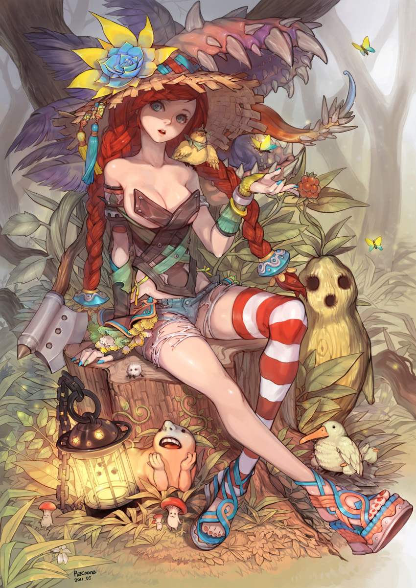 1girl, axe, bare_shoulders, bird, blue_eyes, braid, breasts, carnivorous_plant, cleavage, fingerless_gloves, flower, gloves, hat, highres, lantern, legs, long_hair, nail_polish, original, platform_footwear, racoona, redhead, sandals, shorts, sitting, solo, striped, striped_legwear, toenail_polish, torn_clothes, tree_stump, twin_braids, weapon