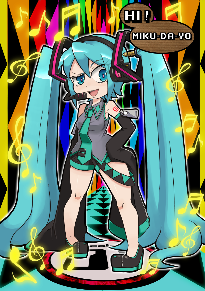 aqua_eyes, aqua_hair, hatsune_miku, headphones, headset, highres, long_hair, long_sleeves, musical_note, sokushi, solo, soxy, twintails, very_long_hair, vocaloid, zipper