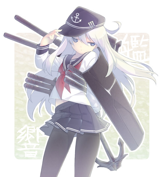 1girl, anchor, black_legwear, blouse, blue_eyes, hat, hibiki_(kantai_collection), kantai_collection