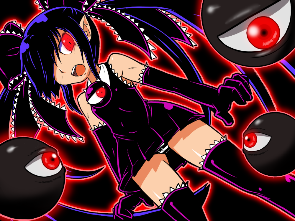 beako, black_hair, elbow_gloves, flat_chest, gegege_no_kitarou, gloves, hair_over_one_eye, hair_ribbon, long_hair, original, panties, pointy_ears, red_eyes, ribbon, skirt, sokushi, soxy, striped, striped_panties, thigh-highs, thighhighs, twintails, underwear, zettai_ryouiki
