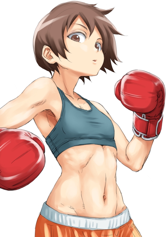 1girl, abs, boxing, boxing_gloves, brown_eyes, brown_hair, collarbone, iguchi_(strawmat), midriff, navel, original, short_hair, simple_background, solo, sports_bra, white_background