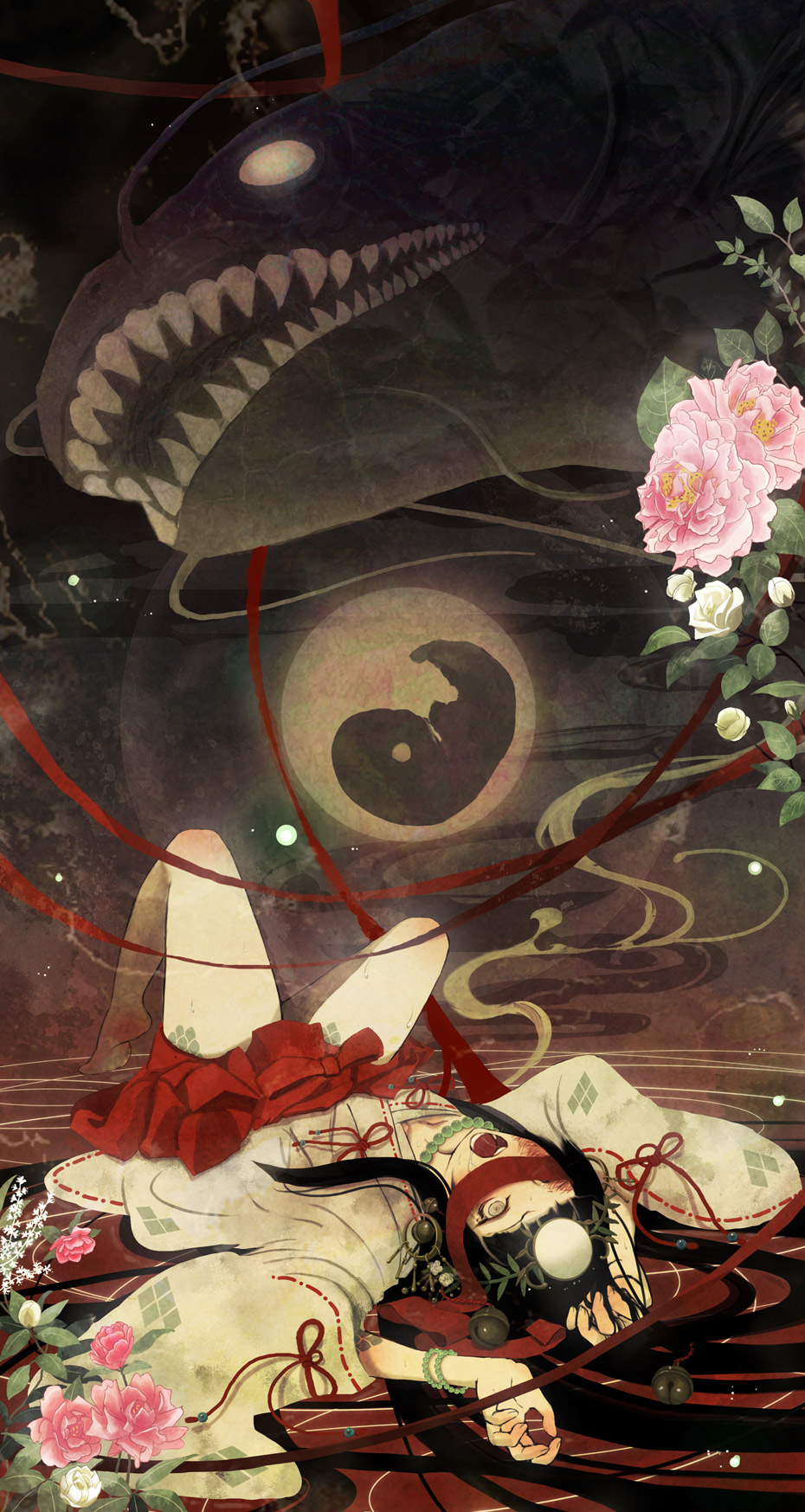 black_hair, embryo, flower, funakura, hands, highres, japanese_clothes, kimono