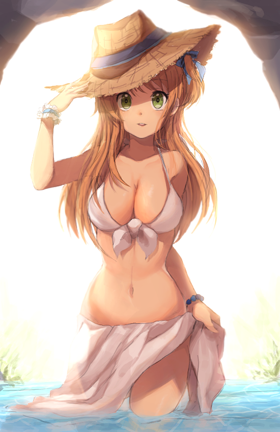1girl, bikini, brown_hair, green_eyes, hat, kim_bae-eo, one_side_up, original